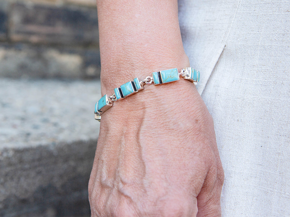 Link Bracelet Inlaid Turquoise Bracelet Sterling Silver Inlay Link