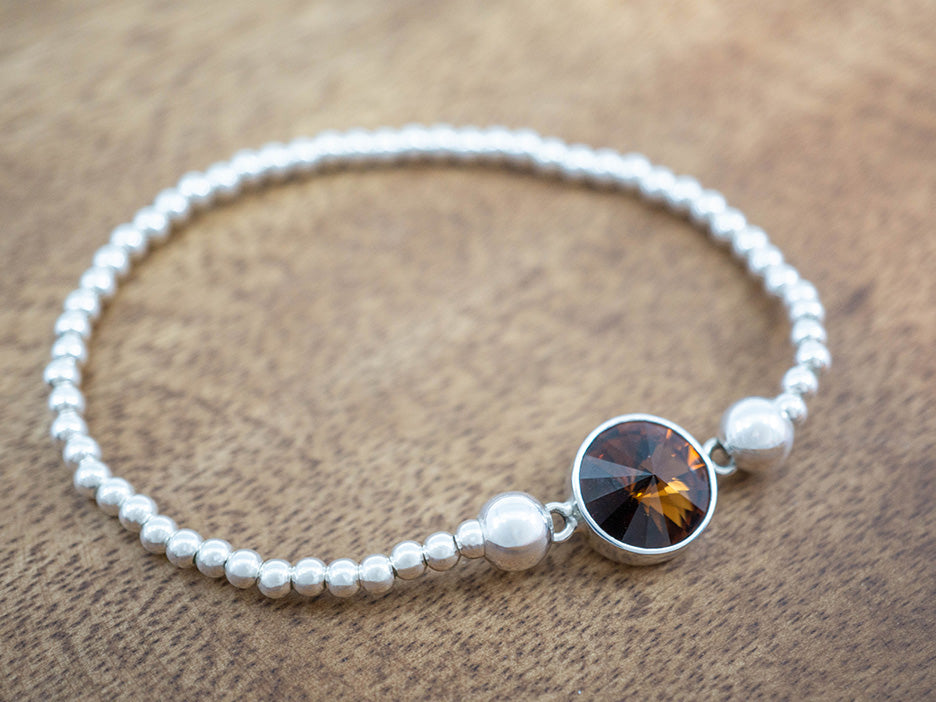 Beaded Stretch Bracelet w/ Center Crystal, Cafe