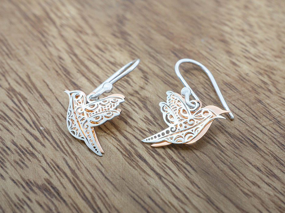 Silver & Copper Two-Piece Hummingbird Earring on Hook