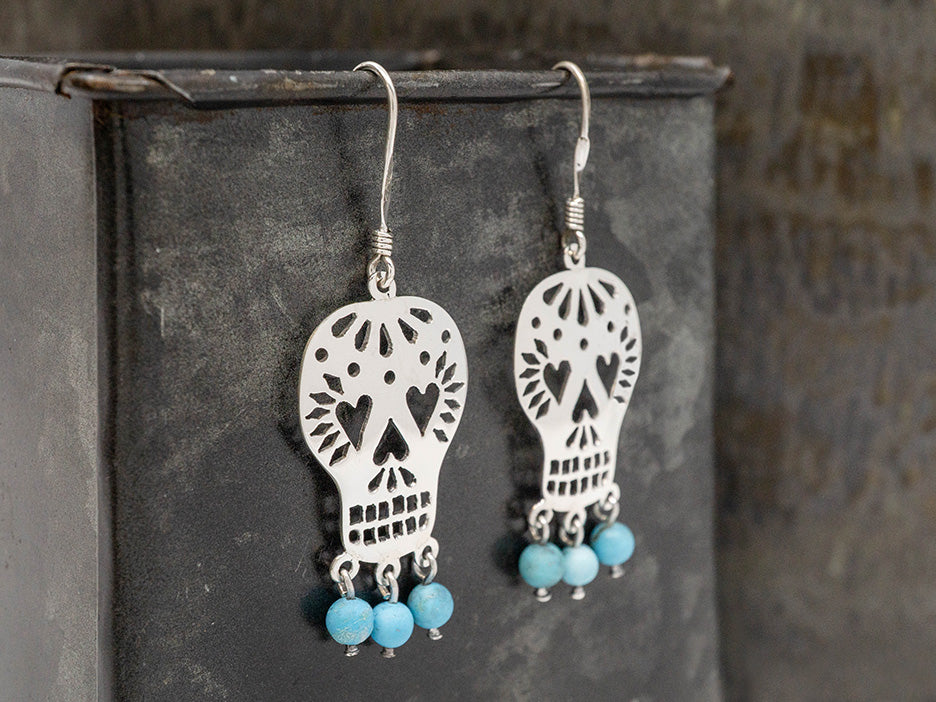 Sugar Skull Earring w/ Turquoise Beads