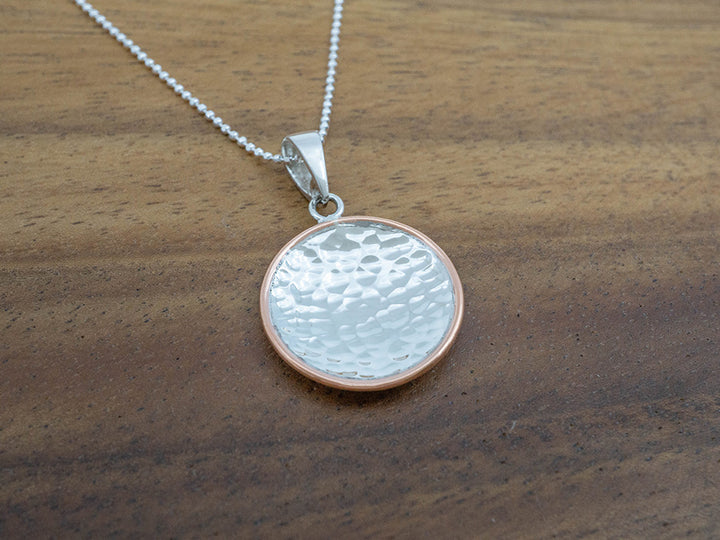 Hammered Silver Disc Pendant w/ Copper Rim