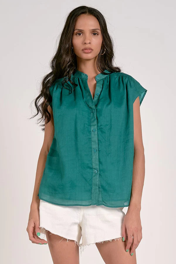 Cap Sleeve Button Down Top, Emerald Green