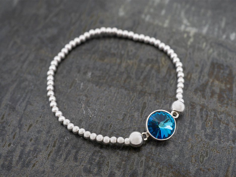 Beaded Stretch Bracelet w/ Center Crystal, Dark Blue