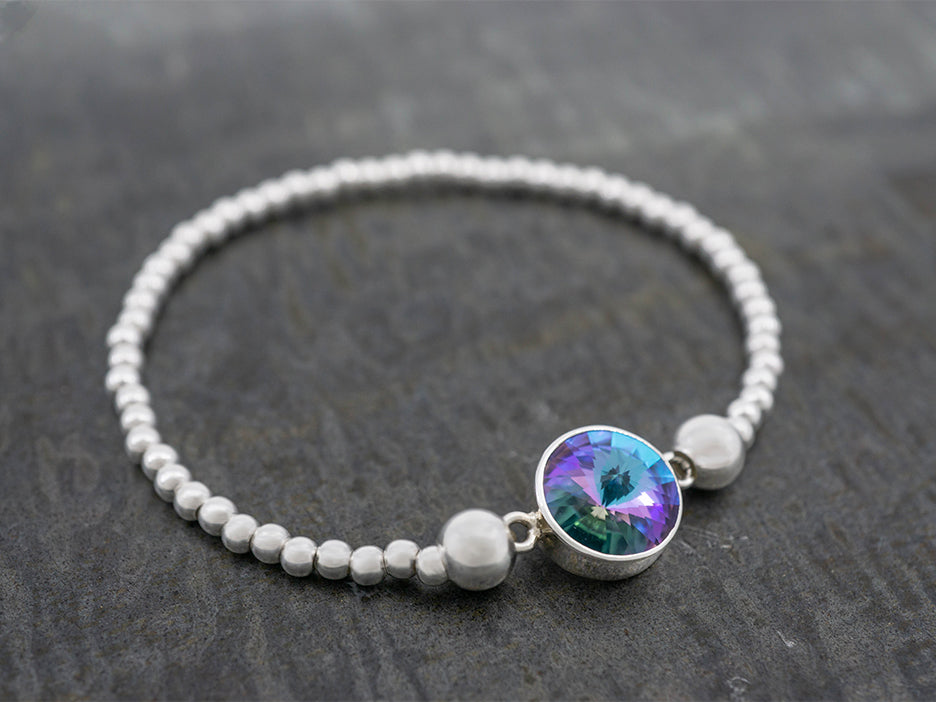 Beaded Stretch Bracelet w/Center Crystal, Mystic Purple