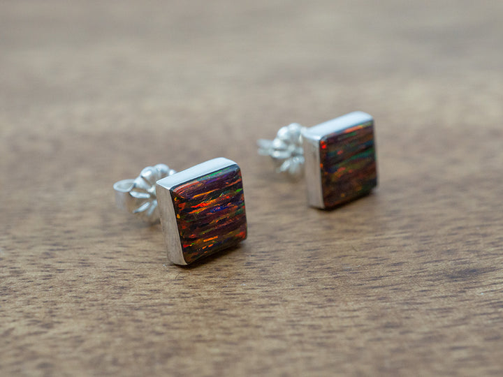 Square Fire Opal Studs
