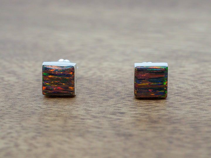 Square Fire Opal Studs