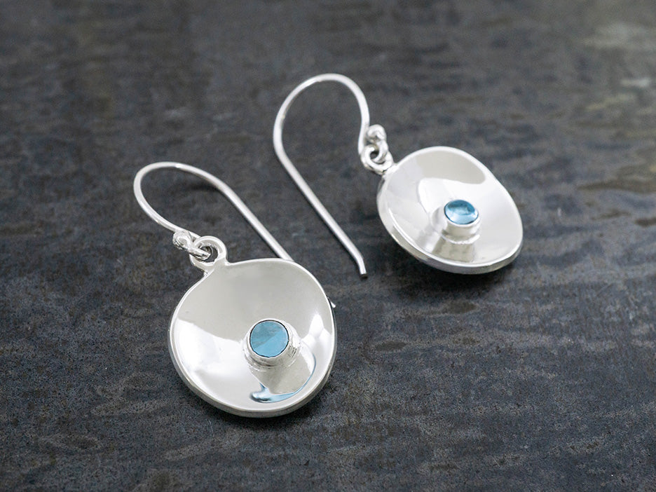 Silver Dish Earring w/ Blue Topaz Cabochon