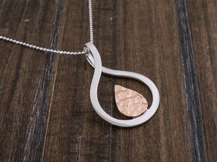 Hammered Copper Teardrop in Silver Frame Pendant