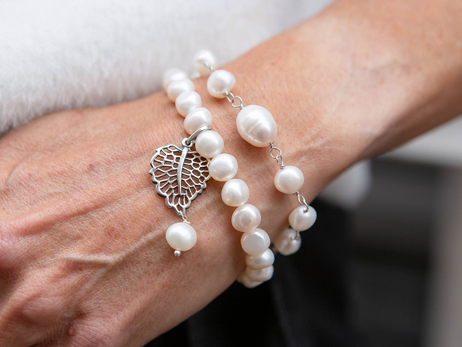 Double Strand Pearl Bracelet w/ Leaf Dangle