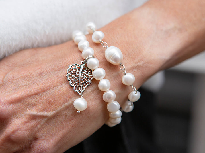 Double Strand Pearl Bracelet w/ Leaf Dangle