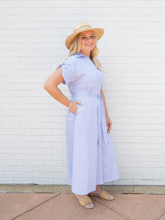 Short Sleeve Collared Midi Dress, Blue Stripe