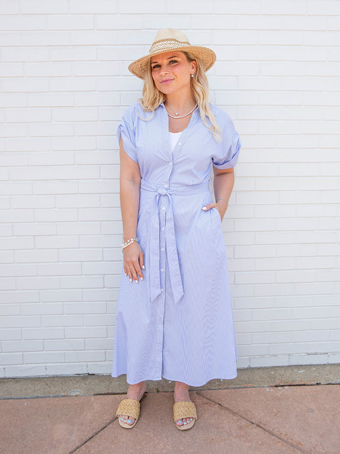 Short Sleeve Collared Midi Dress, Blue Stripe