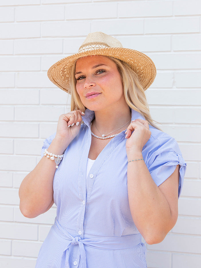 Short Sleeve Collared Midi Dress, Blue Stripe