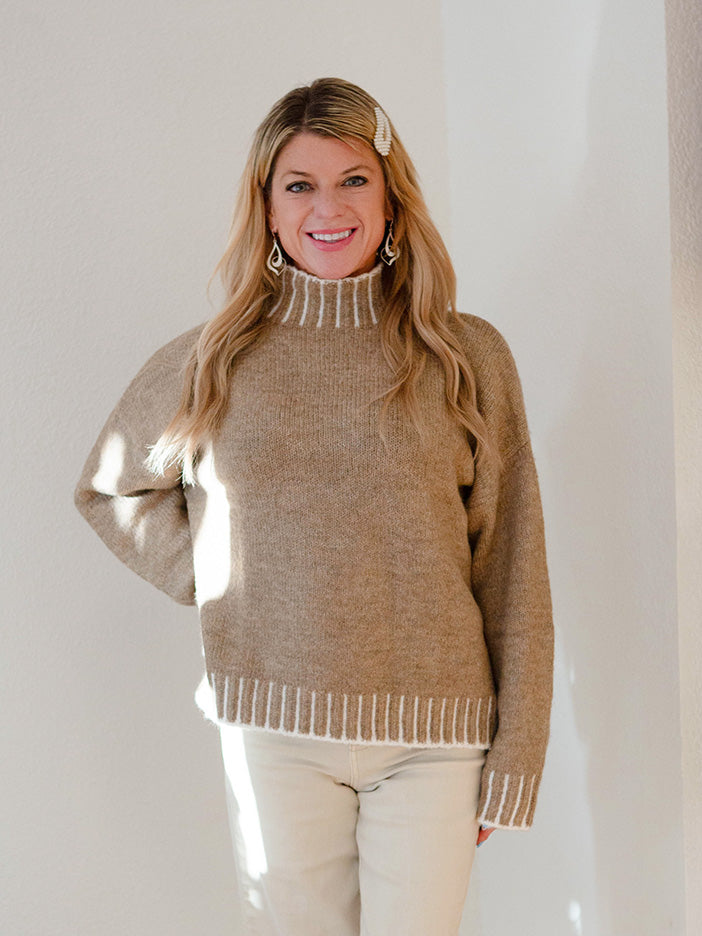 Long-Sleeve Turtleneck Sweater, Taupe