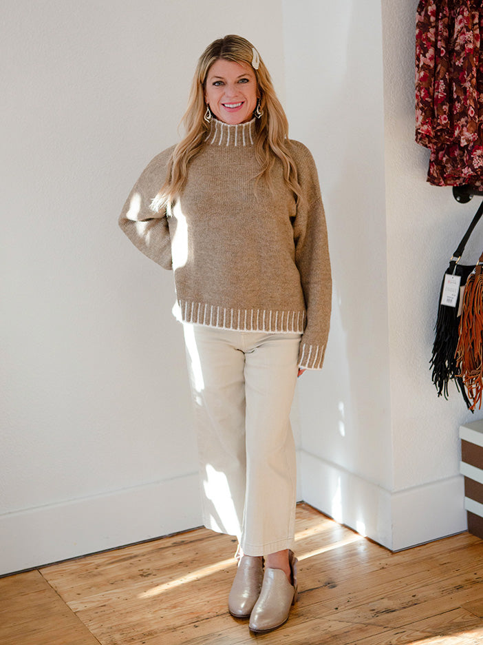 Long-Sleeve Turtleneck Sweater, Taupe