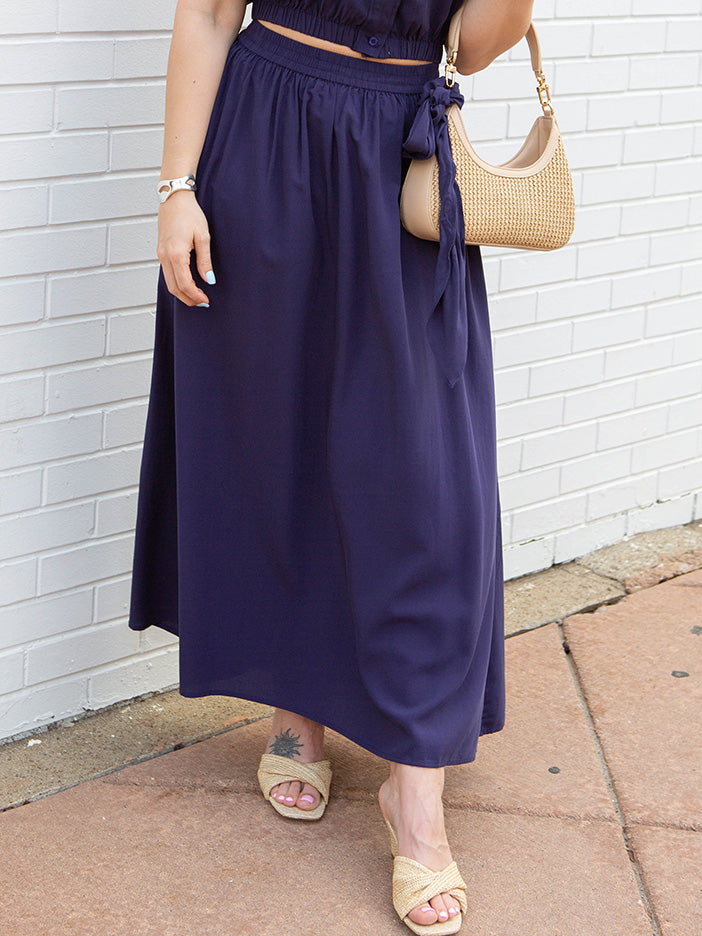 Dusty Indigo Midi Skirt w/ Elastic Waistband