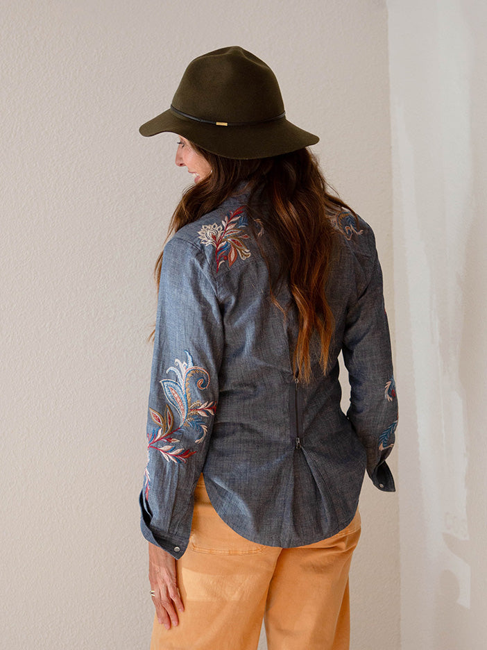 Johnny Was Alexa Zipper Back Shirt, Blue Denim