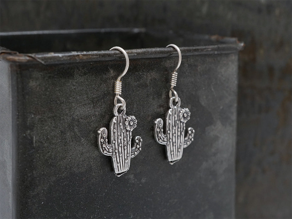 Detailed Cactus with flower earring made of sterling silver.