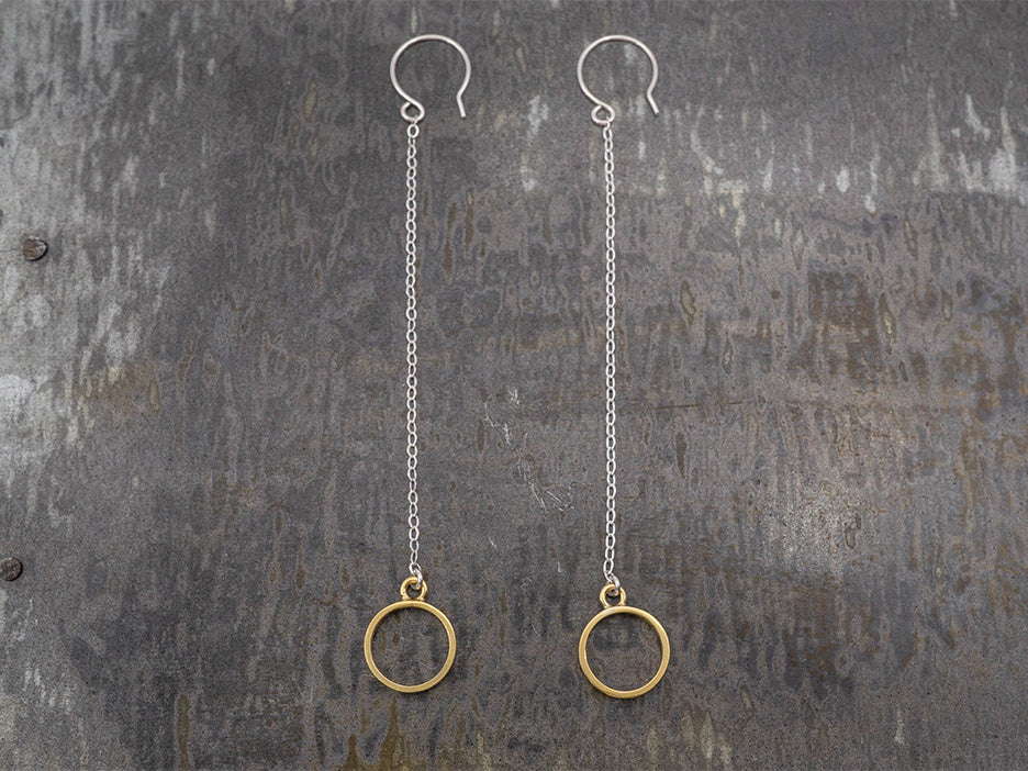 Gold Circle on Long Silver Chain Earring on Hook