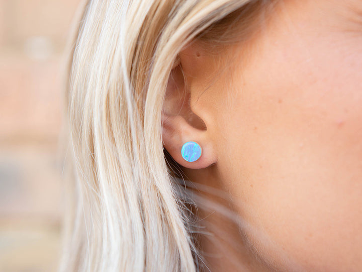 Round Opal Studs, Light Blue