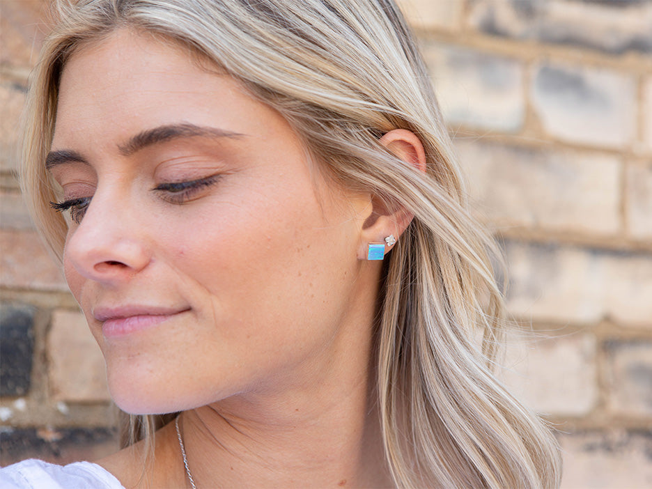 Square Opal Studs, Light Blue