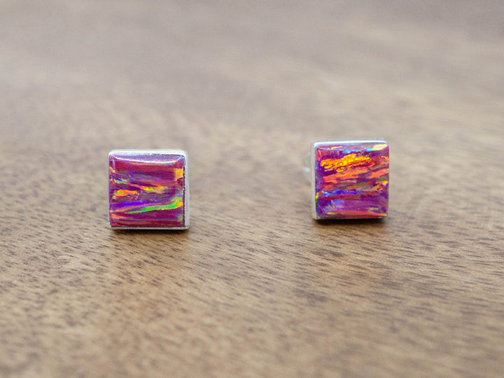 Square Opal Stud, Pink