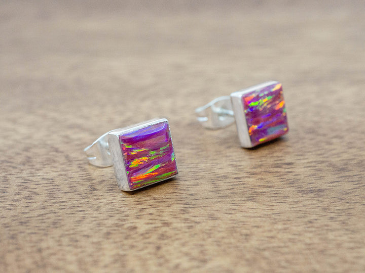 Square Opal Stud, Pink