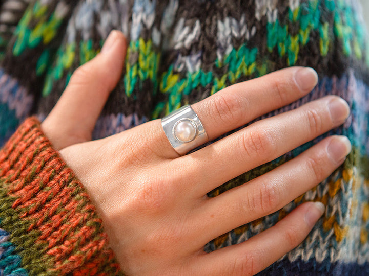 Modern Wide Band Pearl Ring