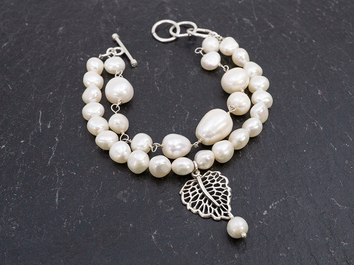 Double Strand Pearl Bracelet w/ Leaf Dangle