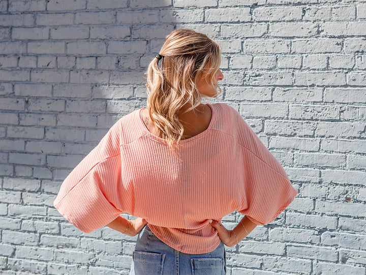 Ribbed Wide Sleeve Top w/ Front Twist, Dusty Mauve