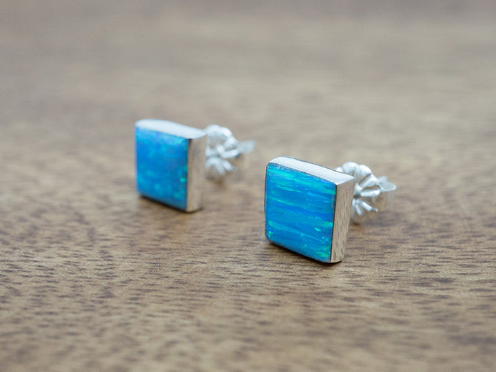 Square Opal Studs, Light Blue