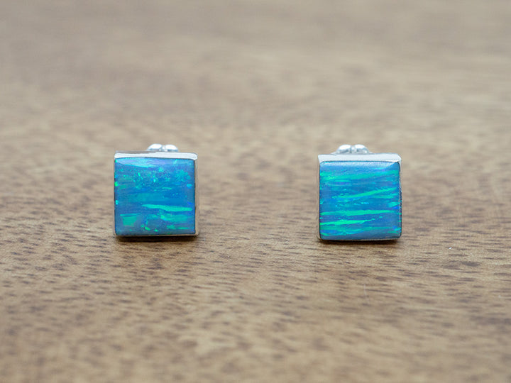 Square Opal Studs, Light Blue