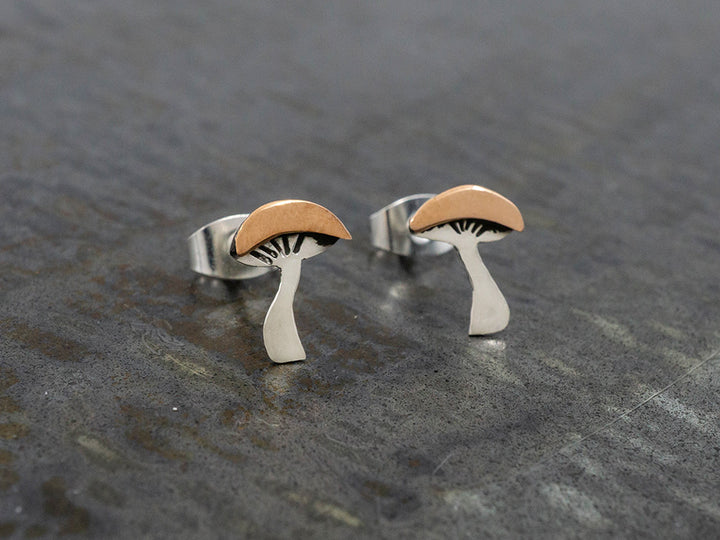 Silver and Copper Mushroom Earring on Post