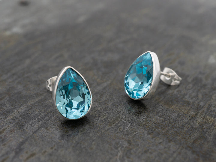 Faceted Crystal Teardrop Earring on Post, Aquamarine Blue