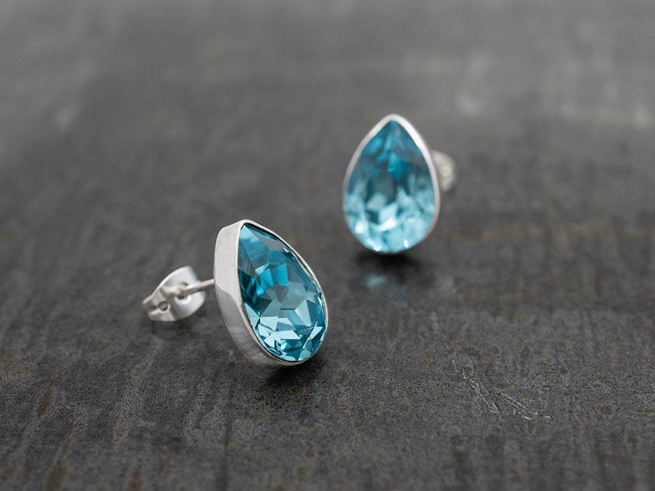 Faceted Crystal Teardrop Earring on Post, Aquamarine Blue