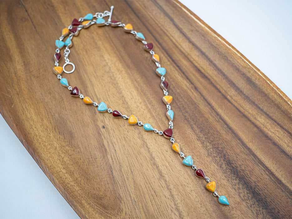 18" sterling silver multicolor lariat necklace with yellow, red and turquoise stones.