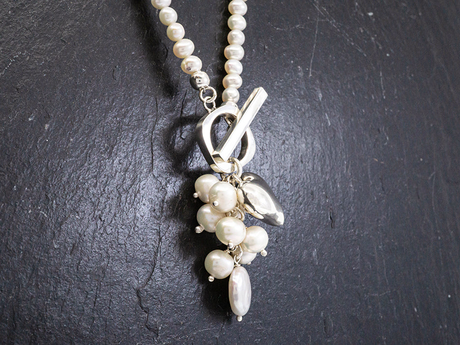 Pearl Cluster Necklace w/ Silver Heart & Toggle