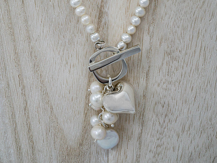 Pearl Cluster Necklace w/ Silver Heart & Toggle