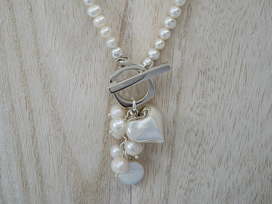 Pearl Cluster Necklace w/ Silver Heart & Toggle