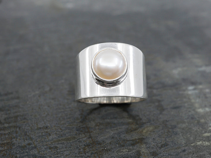 Modern Wide Band Pearl Ring