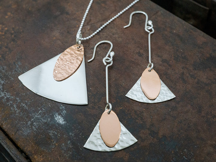 Hammered Copper & Silver Shapes Drop Earring